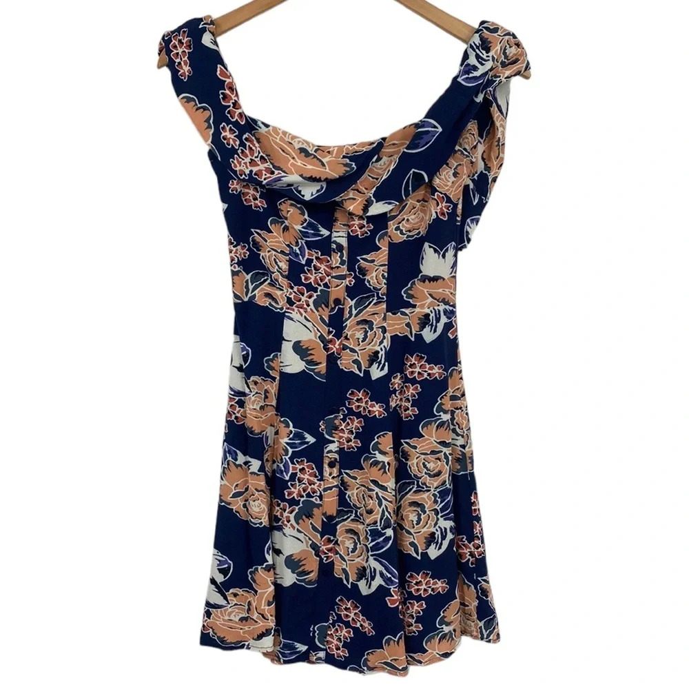 Lovers + Friends Vineyard Floral Dress Womens XS‎ Blue Off The Shoulder Pleated